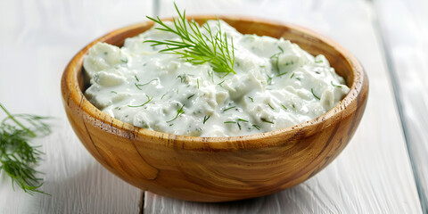 Wall Mural -  A bowl of white creamy potato salad in wooden bowl with sprig of dill on top.