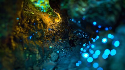 Wall Mural - amidst the dark twisting tunnels vibrant patches of bioluminescent moss bring bursts of color to the
