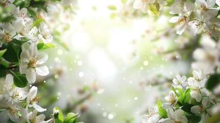 Poster - Springtime Cherry Blossoms with Green Foliage and Space for Text Nature s Seasonal Floral Backdrop