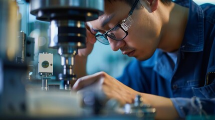 Wall Mural - Close-up of an engineer in a factory setting calibrating a precision tool