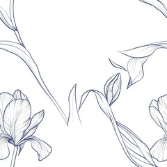 Wall Mural - A line drawing of a single iris flower, with its intricate petal structure and gracefully arching leaves, emphasizing the flower's unique form. Minimal pattern banner wallpaper, simple background,