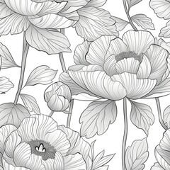 Wall Mural - A line drawing of a single peony flower, with its dense layers of petals and broad leaves, capturing the flowerâ€™s lush and opulent appearance. Minimal pattern banner wallpaper, simple background,