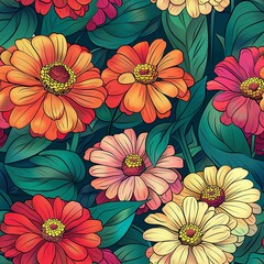 Wall Mural - A line illustration of a bouquet of zinnias, with their vibrant, layered petals and broad leaves, each flower rendered with fine lines to capture their texture. Minimal pattern banner wallpaper,