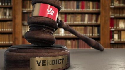 Wall Mural - Hong Kong Flag on Judge Gavel or Hammer in Court with Word Verdict. Judge Verdict, Law Concept