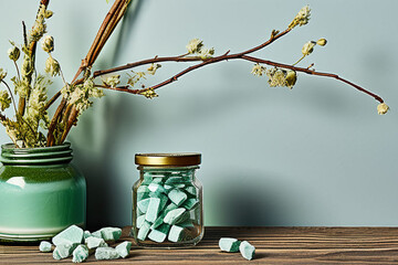 Canvas Print - dried-branches-of-flowers-in-a-medicine-bottle-green-stones-amazonite-on-a-blue-wooden-desk