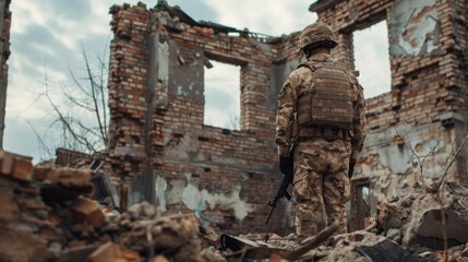 Sticker - A soldier stands in front of a destroyed building