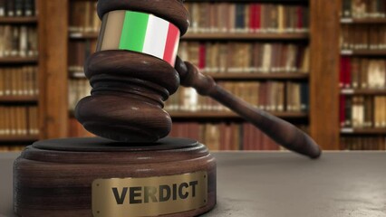 Wall Mural - Italy Flag on Judge Gavel or Hammer in Court with Word Verdict. Judge Verdict, Law Concept