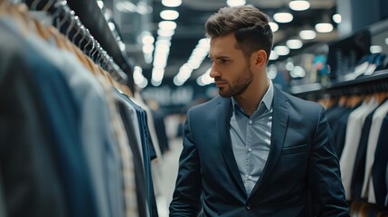 Wall Mural - Handsome man shopping for new business blazer and suit in store, men shopping for new clothes alone in decent mall