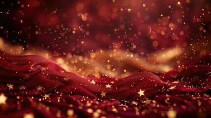 Wall Mural - Shimmering golden stars fall against red backdrop mesmerizing abstract background sparkle