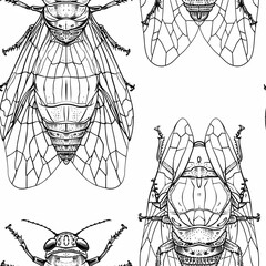 Wall Mural - Detailed line drawing of a cicada exoskeleton, showcasing its intricate shell and delicate appendages. Minimal pattern banner wallpaper, simple background, Seamless,