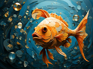 Poster - abstract cubism of fish and bubbles blue background