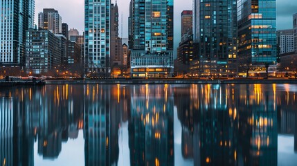 Wall Mural - A peaceful cityscape at dusk, where buildings reflect digital ads, blending tech with tranquility.