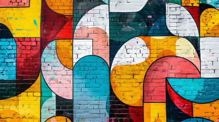 Wall Mural - Colorful Geometric Graffiti Artwork on Brick Wall