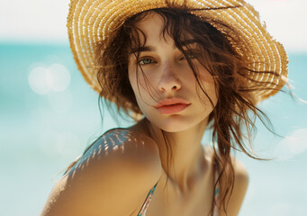 A young woman with tousled hair and a straw hat poses on a sunny beach with a serene expression.
