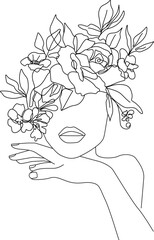 Wall Mural - Female Face with Flowers Line Art Drawing. Minimal Linear Illustration of Woman Face with Flowers. Line Drawing of Abstract Woman Head for Trendy Minimal or Boho Design. Vector Illustration