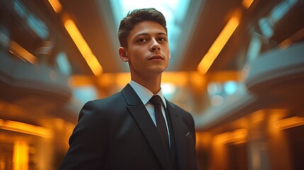 Wall Mural - Young office employee preparing for an interview - standing in a high-end lobby - confident and prepared - pressed suit