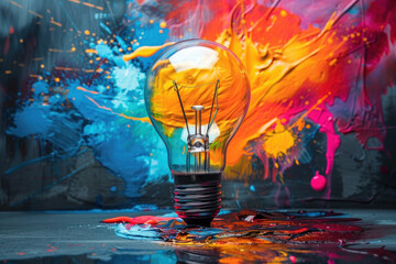 Wall Mural - A light bulb is placed on a colorful background with splatters of paint. The light bulb is lit up, creating a bright and vibrant atmosphere. The painting suggests a sense of creativity and inspiration