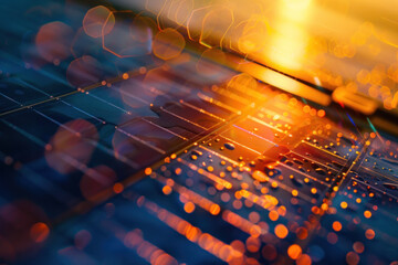 Poster - A blurry image of a solar panel with a sun in the background. The sun is casting a warm glow on the panel, creating a sense of energy and power