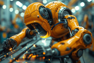 Poster - A robot in a yellow suit is working on a machine. The robot is wearing a helmet and has a blue strap around its neck. The robot is surrounded by sparks and debris
