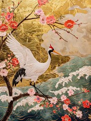 japanese style art paper texture, cherry blossoms, for fantastic sliding doors, Japanese style wind style, crane by a river