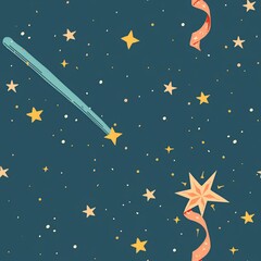 Wall Mural - An enchanting drawing of a magical fairy wand, adorned with stars and ribbons, sparking imaginative play in young dreamers. Minimal pattern banner wallpaper, simple background, Seamless,