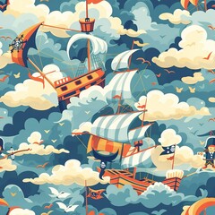 Wall Mural - A detailed illustration of a toy pirate ship sailing on imaginary seas, with a crew of brave adventurers ready for swashbuckling fun. Minimal pattern banner wallpaper, simple background, Seamless,