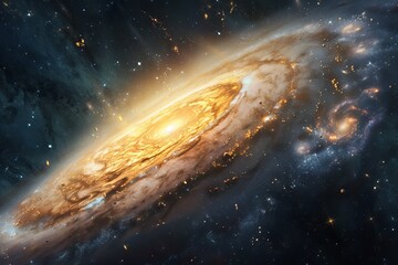Wall Mural - cosmic scene of distant galaxy, showcasing dense star field with clusters of stars and nebulae in deep space. Highly detailed galaxy with illuminated gas clouds and star formations