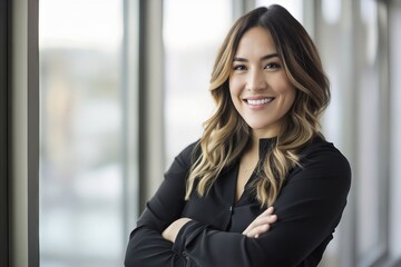 Wall Mural - A smiling woman in black shirt standing in front of a window.