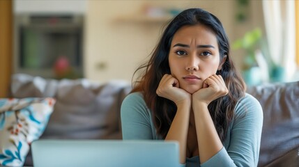 Wall Mural - A woman sitting on a couch looking at her laptop.