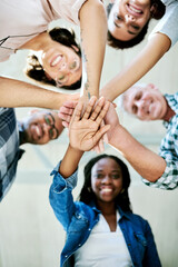 Aufkleber - Business people, portrait and hands stack with low angle, teamwork and connection in huddle with diversity. Men, woman and happy in scrum with kindness, synergy and link with solidarity at startup
