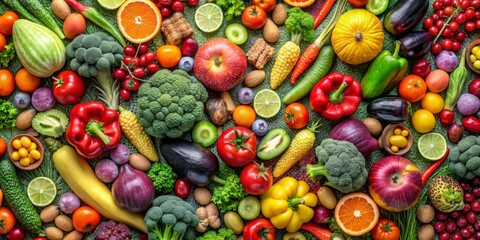 Wall Mural - Repeating pattern of fruits and vegetables forming a textured background, food, healthy, fresh, organic, colorful, backdrop