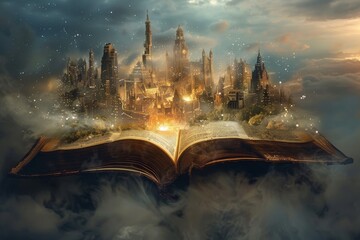 Wall Mural - A city is shown in the middle of a book, with a large open book on top of it