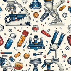 Wall Mural - A detailed drawing of a toy microscope, with slides and magnifying lenses, inspiring young scientists to explore the wonders of the microscopic world. Minimal pattern banner wallpaper, simple