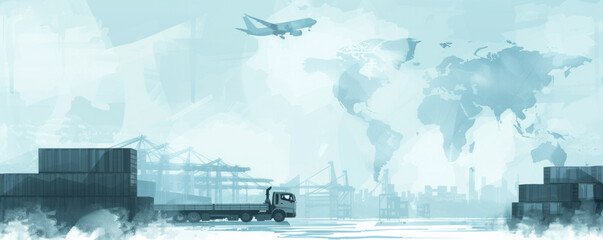 Poster - A truck is driving down a road next to a large building. The sky is cloudy and the air is hazy