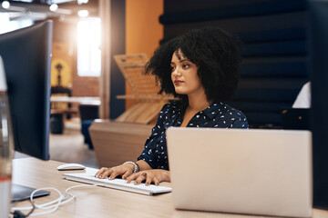 Aufkleber - Woman, typing and computer for working in desk, keyboard and office for journalist, research and writing. Workplace, employee and person with laptop, planning and project for headline of article