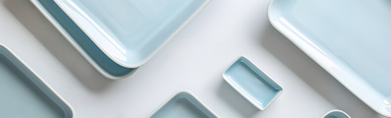 Wall Mural - Light blue ceramic trays displayed on white background, top view of empty rectangle trays, for product display and pose