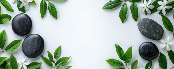 A white background with a black stone and green leaves