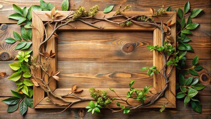 Wall Mural - Close-up image of a wooden frame adorned with intricate branches and leaves, perfect for nature-themed pictures, nature