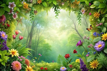 Wall Mural - Beautiful nature frame featuring lush green foliage and colorful flowers in a forest setting, nature, frame, green, lush