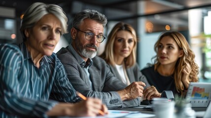 Poster - Middle-aged couple attentively listening to a financial planner discussing retirement options, professional office environment, charts and graphs on a tablet, collaborative effort