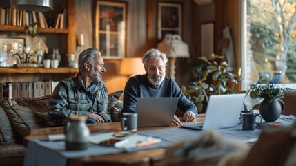 Aufkleber - mature couple having a video conference with a financial planner from the comfort of their cozy livi