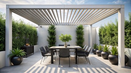 Wall Mural - Sleek minimalist patio with white pergola, black dining set, and potted plants , minimalist, patio, white, pergola, black, dining set