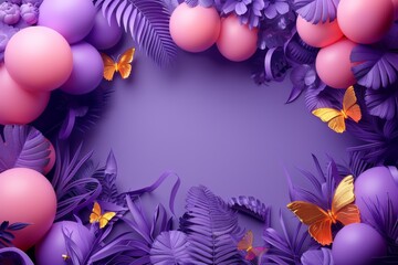 Wall Mural - A purple background with gold butterflies and pink flowers