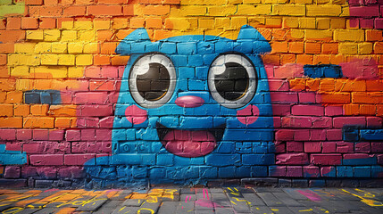 Wall Mural - Colorful Graffiti Mural of Cartoon Monster on Brick Wall