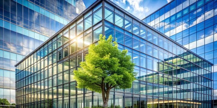 Sustainable glass office building with tree for reducing carbon dioxide, Sustainable, glass, building, office