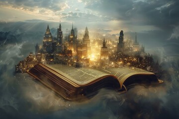 Wall Mural - A city is shown in the middle of a book, with a large open book on top of it