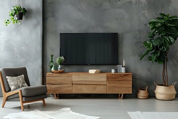 Wall Mural - Concrete wall, TV, and wooden cabinet with grey armchair in contemporary living room