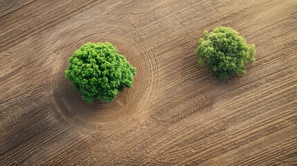 Wall Mural - Tree growing on a ploughed field seen from above