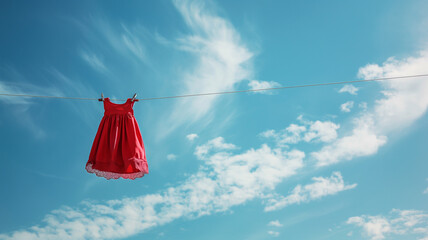 Red child dress hang on clothesline against blue sky at sunny day