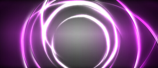 Aufkleber - Neon glowing circle rays, light round lines in the dark, planet style neon wave lines. Energetic electric concept design for wallpaper, banner, background